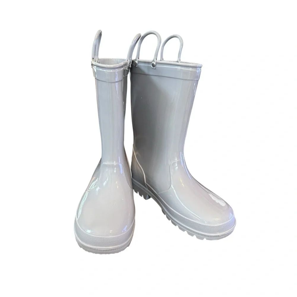 Glossy Gray Rain Boots with Pull Handles Size 2 Girls Like New